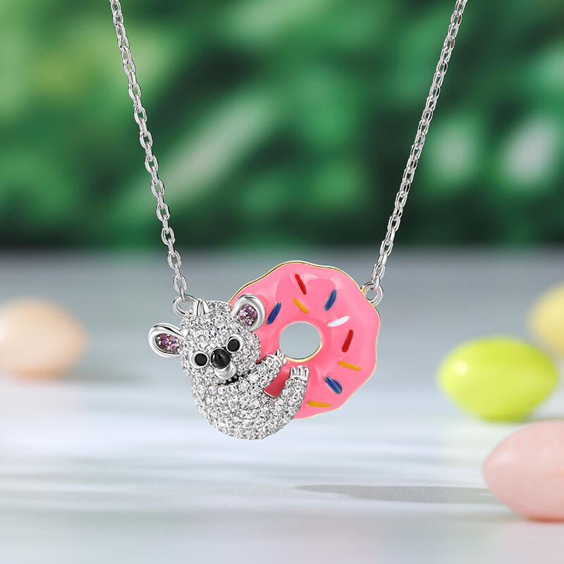 Jeulia "Dream Time" Koala Bear and Donut Enamel Sterling Silver Necklace