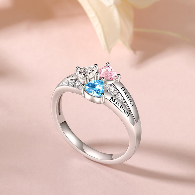 Jeulia Custom Name Three Heart Birthstone Ring Sterling Silver