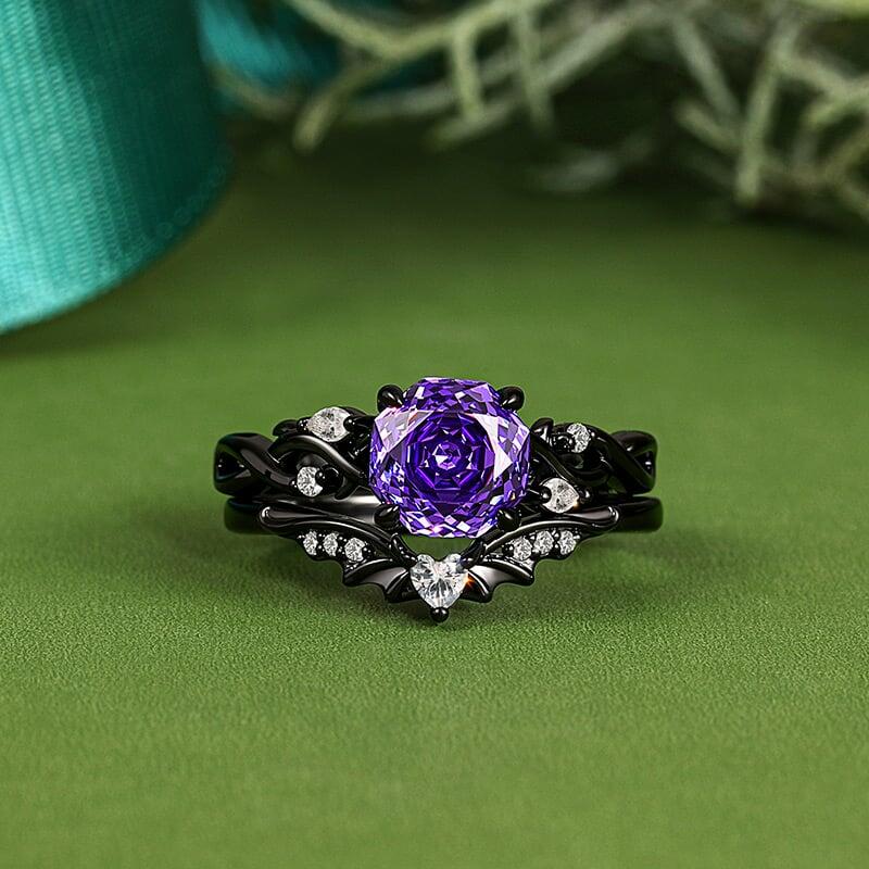 Jeulia Black Thorn Purple Rose Cut Wedding Ring Set