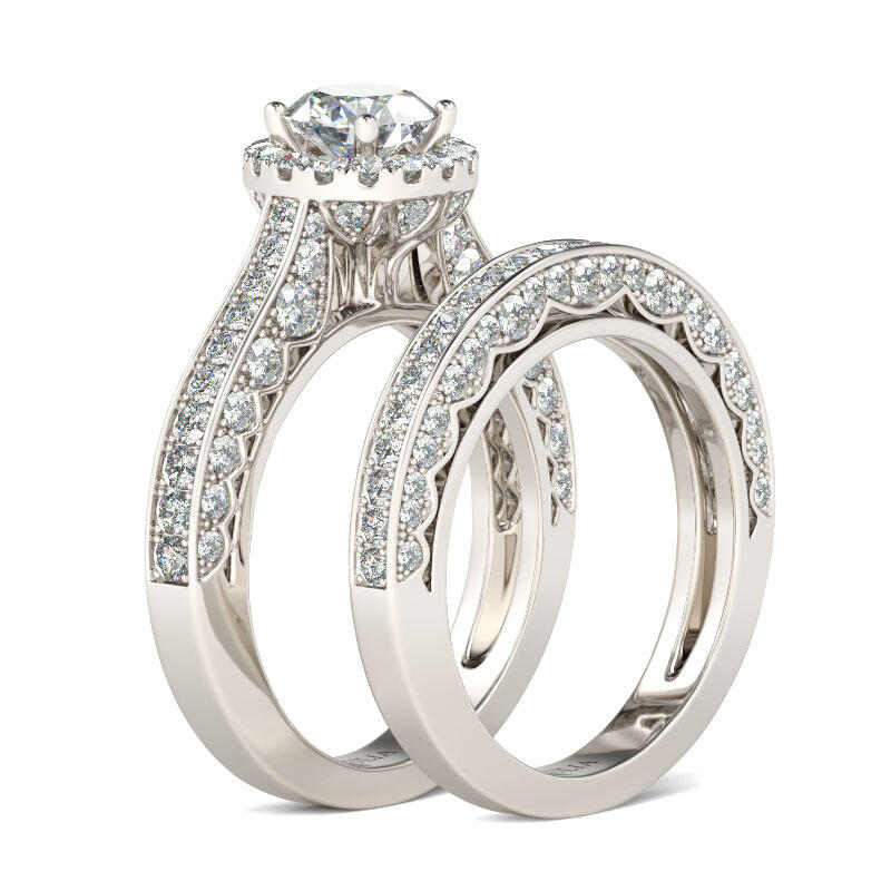 Jeulia Halo Round Cut Sterling Silver Ring Set