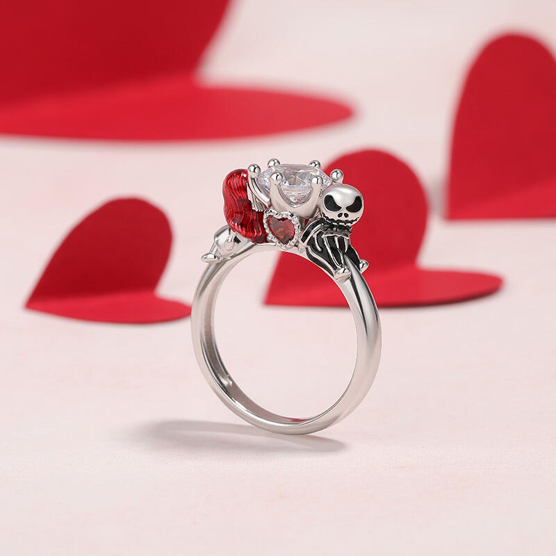 Jeulia Hug Me "Magic of Love" Skull Couple Round Cut Sterling Silver Ring
