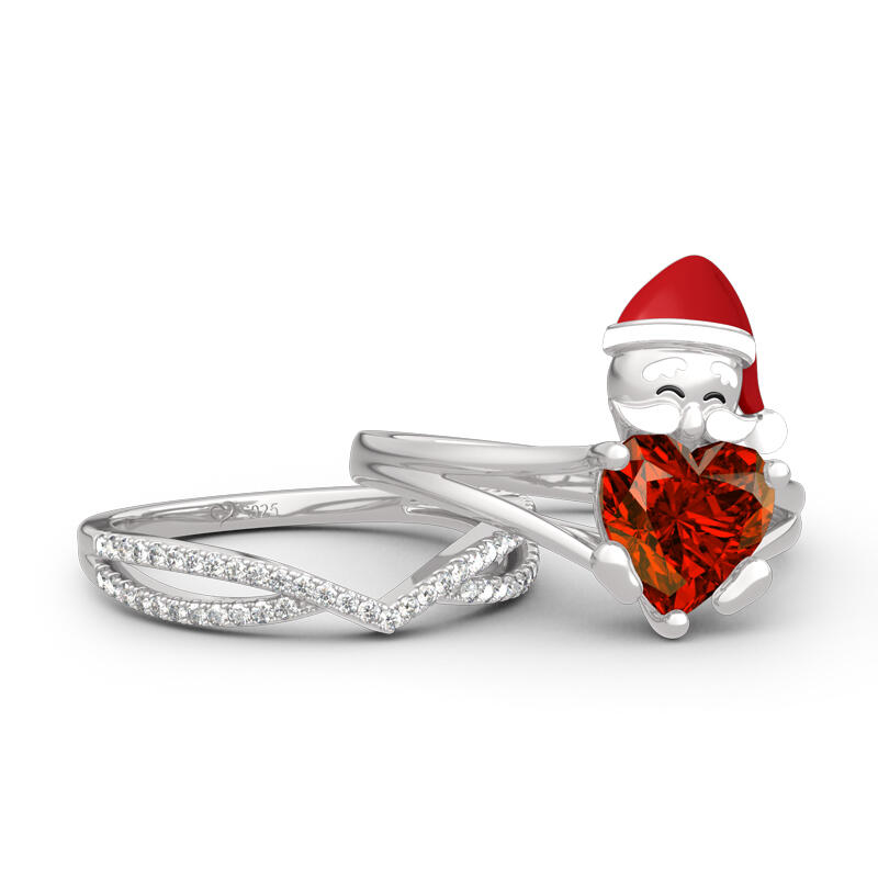 Jeulia "Santa Claus" Heart Cut Sterling Silver Ring Set