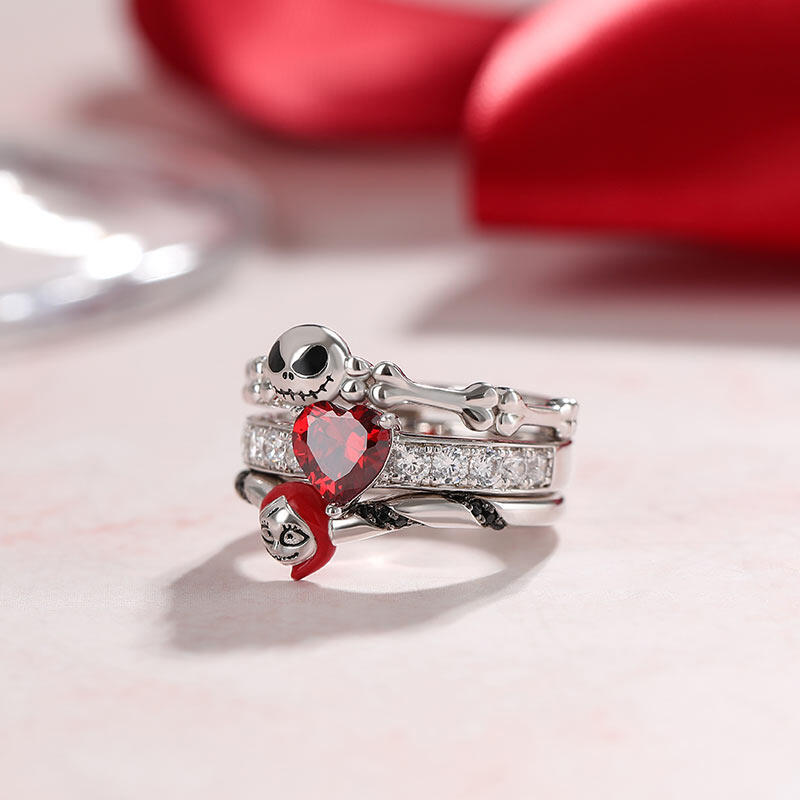 Jeulia "Skull Couple" Heart Cut Sterling Silver Enhancer Ring Set