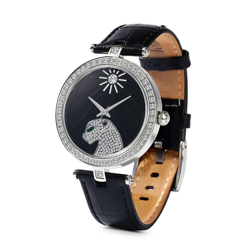 Jeulia "Jungle Fever" Leopard Quartz Black Leather Watch with Black Dial