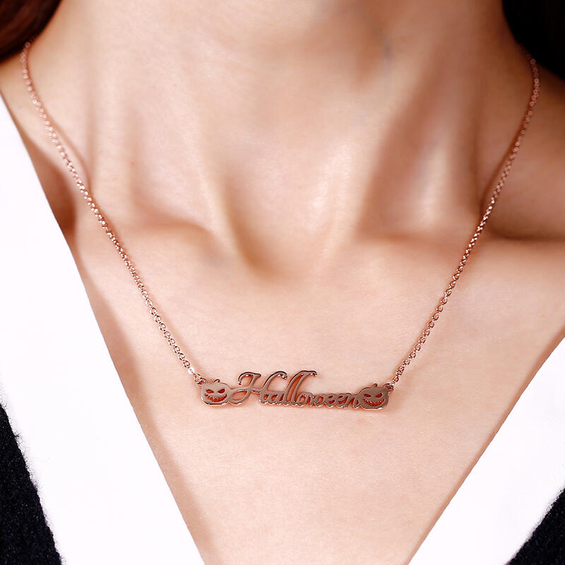 Jeulia "Evil Smiley" Pumpkin Personalized Sterling Silver Name Necklace