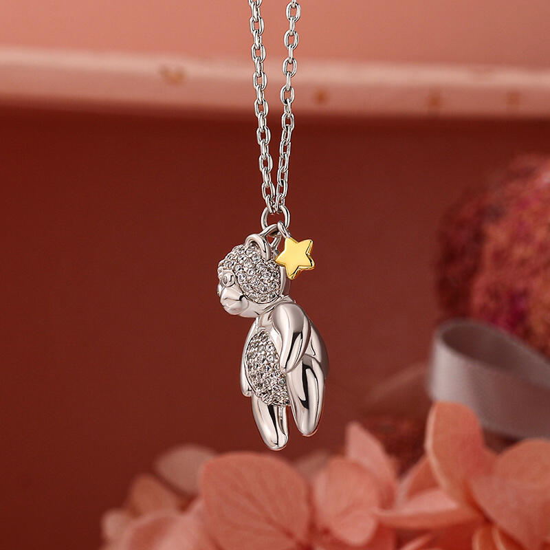 Jeulia Colar bonito de prata esterlina com urso e estrela para mulheres