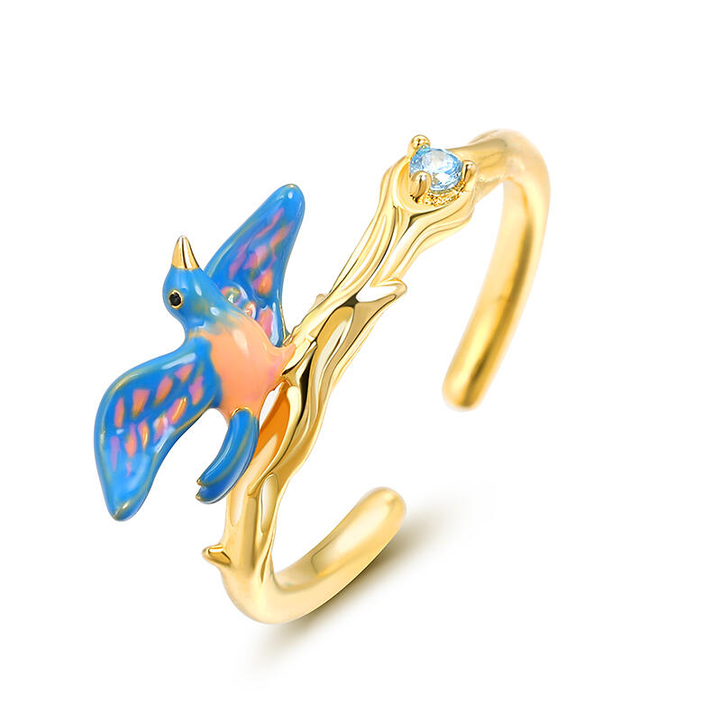 Jeulia Dreamy Garden Bird Design Enamel Adjustable Sterling Silver Ring
