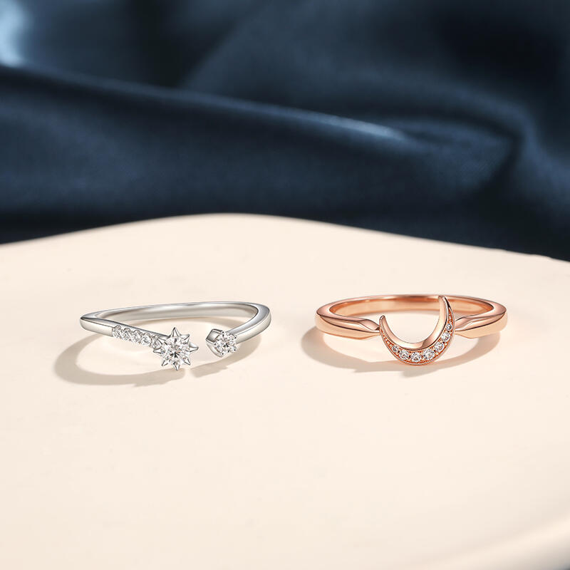 Jeulia Moon and Star Two Tone Puzzle Ring Set Sterling Silver