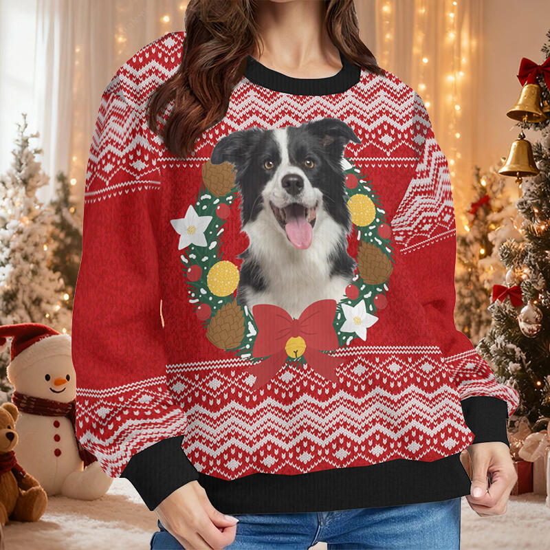 Personalized Ugly Sweater Unisex Custom Pet Head Photo Christmas Wreath Design Perfect Gift for Pet Lovers