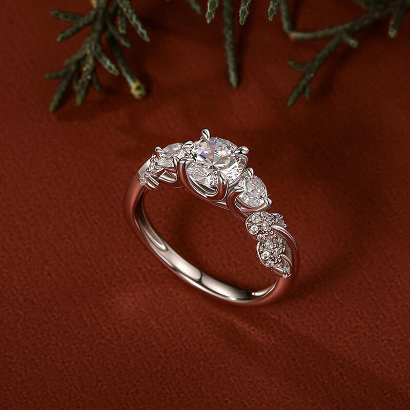 Jeulia Round Three-Stone Leaf Engagement Ring