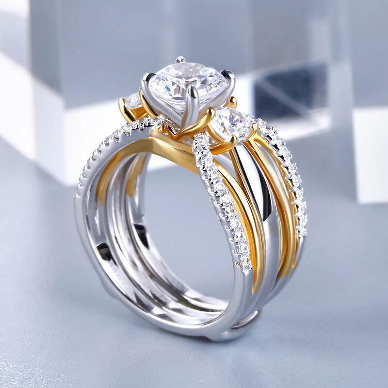 Jeulia Two Tone Three Stone Round Cut Sterling Silver Ring Set