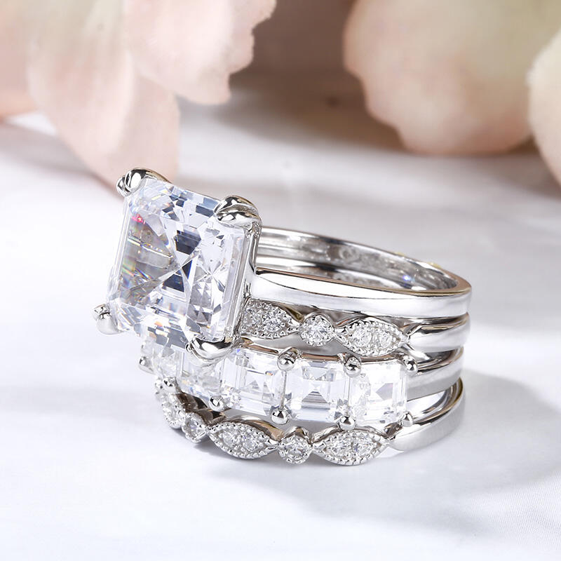 Jeulia Set De Cuatro Anillos En Plata De Ley De Corte Asscher