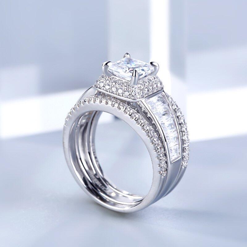 Jeulia Double Halo Princess Cut Sterling Silver 3PC Ring Set