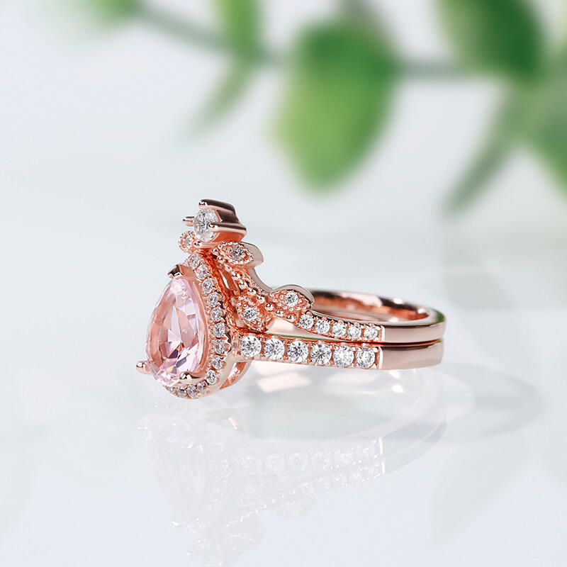 Jeulia Halo Pear Cut Synthetic Morganite Sterling Silver Ring Set