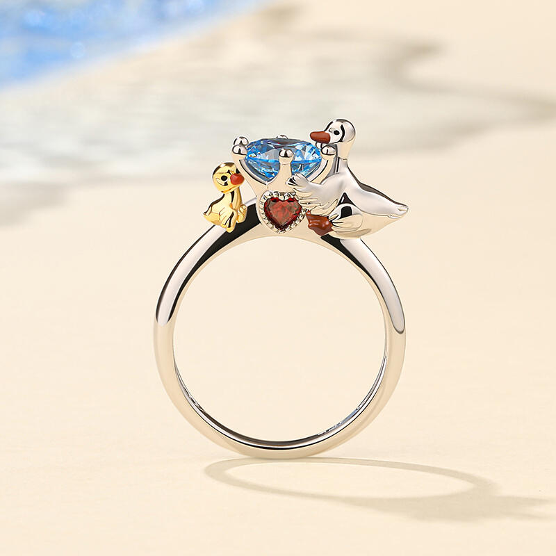 Jeulia Hug Me Anillo de plata de ley con forma redonda de pato mamá y bebé