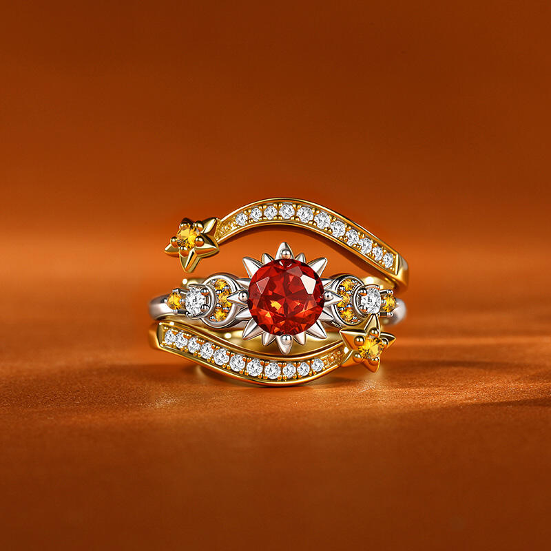 Jeulia Luna Astra Juego de Anillos Estrella Sol y Luna Bicolor