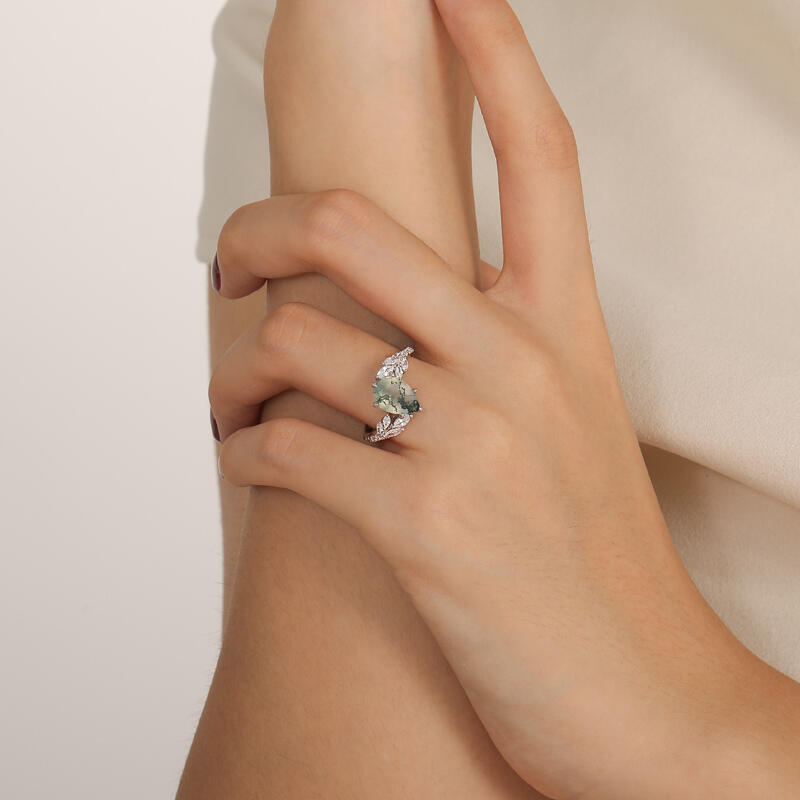 Jeulia Olivetta Bypass Moss Agate Engagement Ring Pear Cut