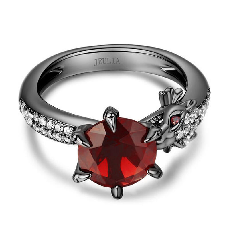 Jeulia Anillo De Dragón De Plata Con Color Negro En Talla De Redonda Con Piedra Roja