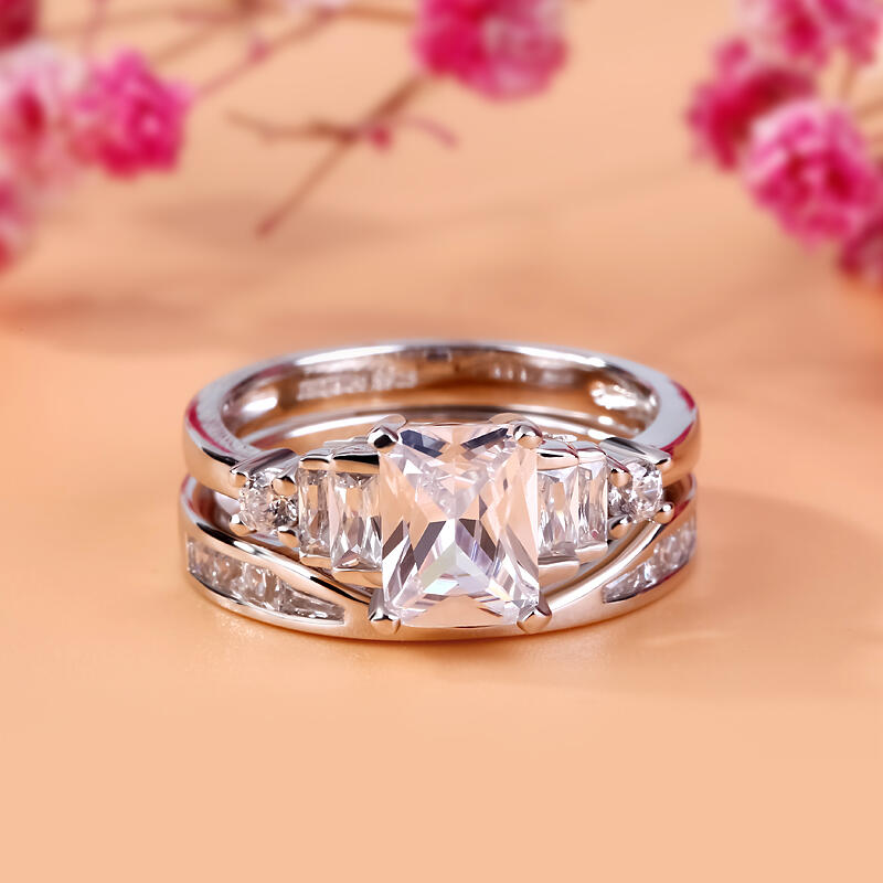 Jeulia Contemporary Design Radiant Cut Sterling Silver Ring Set