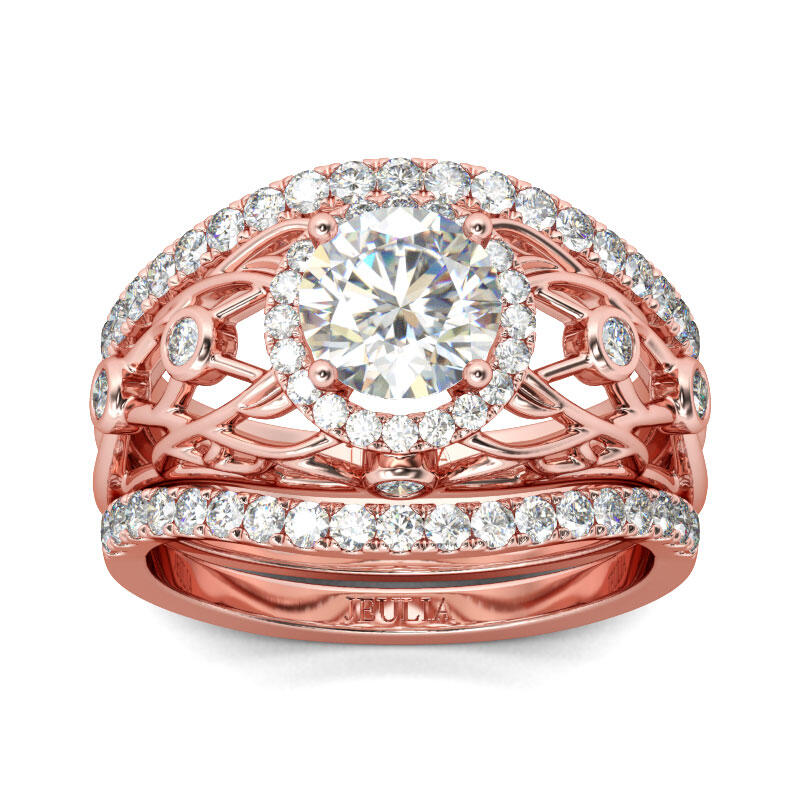 Jeulia 3PC Rose Gold Tone Round Cut Sterling Silver Ring Set