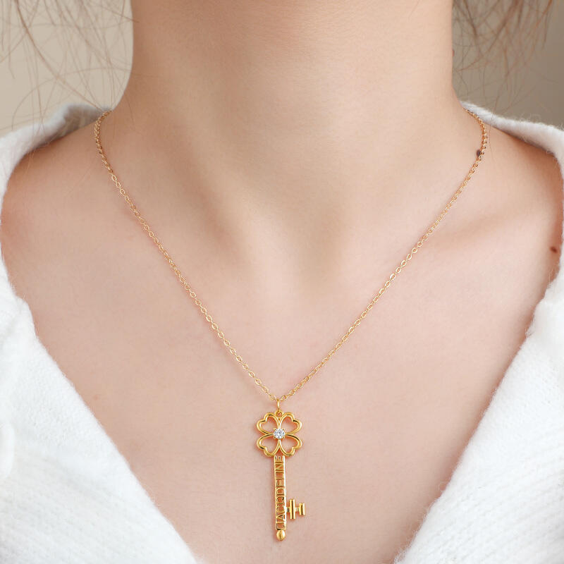 Jeulia Personalized Name Four Leaf Clover Key with Birthstones Sterling Silver Necklace