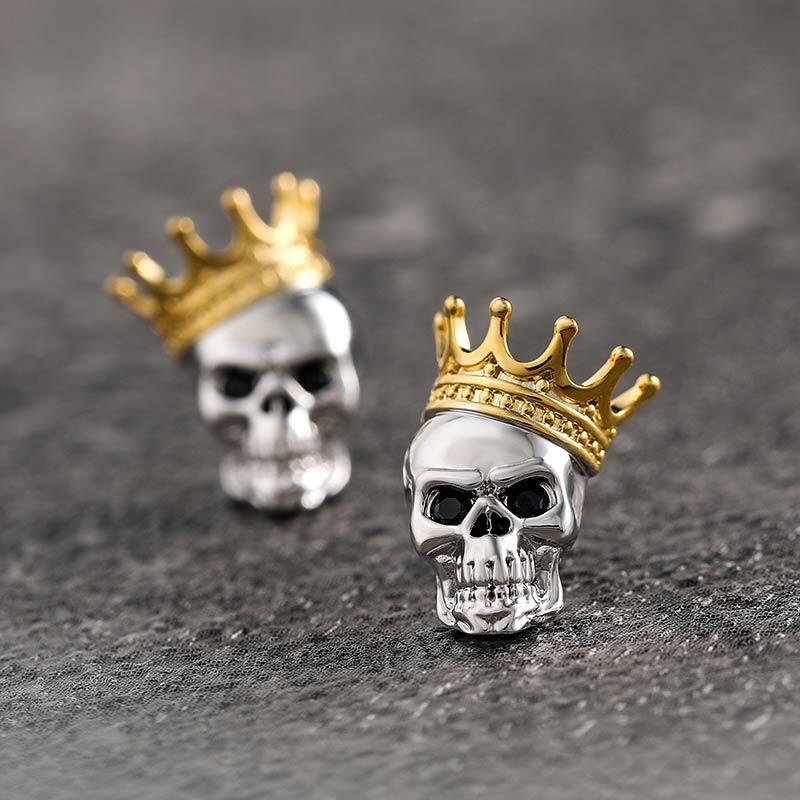 Jeulia Pendientes corona de calavera y huesos cruzados en plata de ley