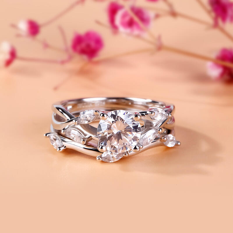 Jeulia Nature Inspired Round Cut Sterling Silver Ring Set