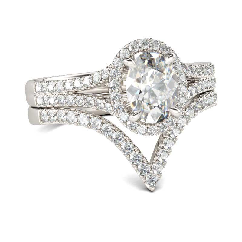Jeulia Split Shank Halo Oval Cut Sterling Silver Ring Set