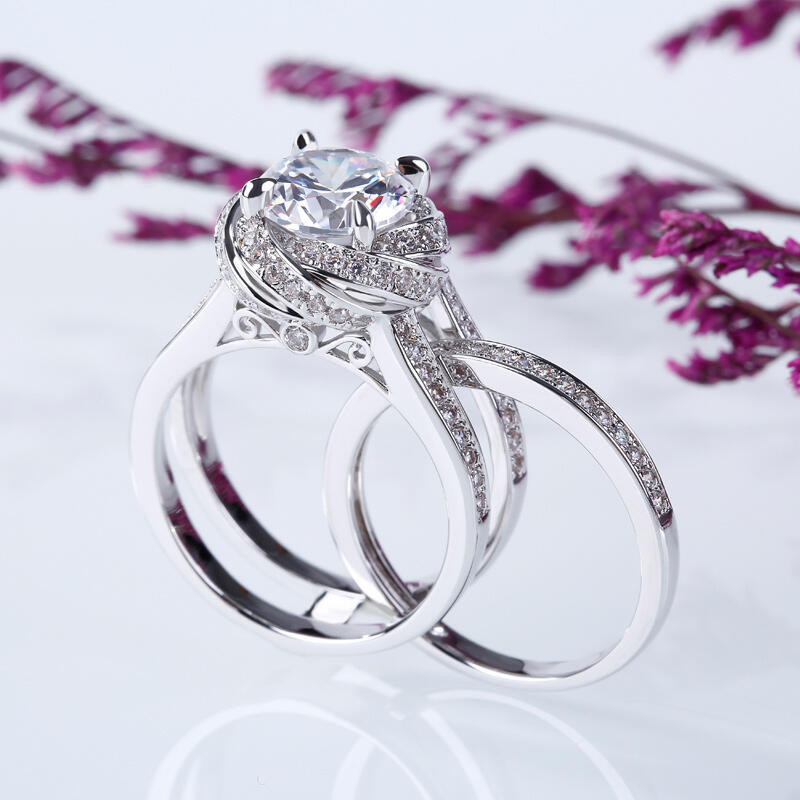 Jeulia Floral Halo Round Cut Interchangeable Sterling Silver Ring Set