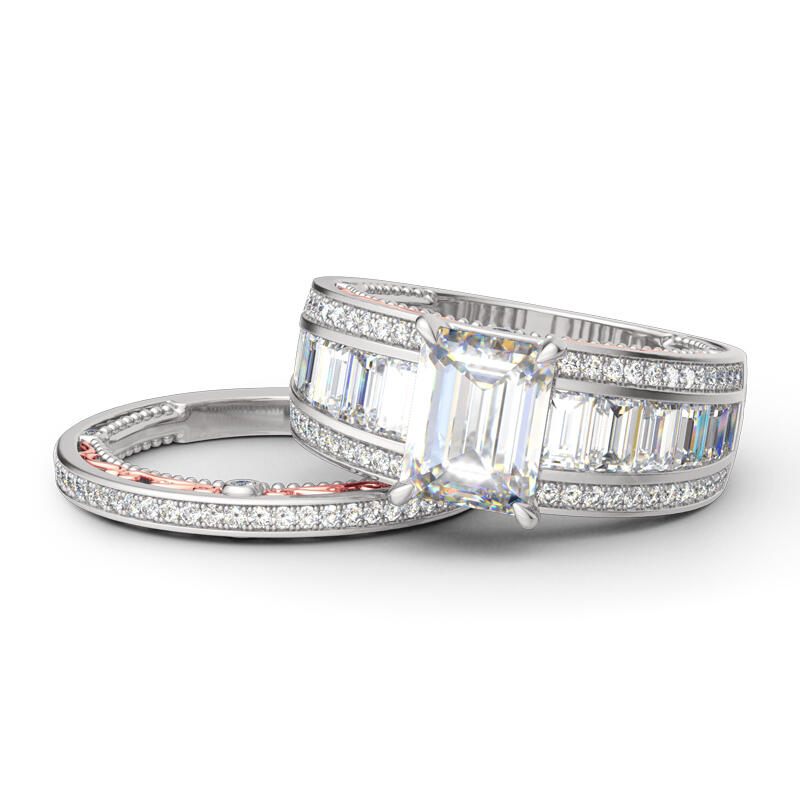 Jeulia Emerald Cut Sterling Silver Ring Set