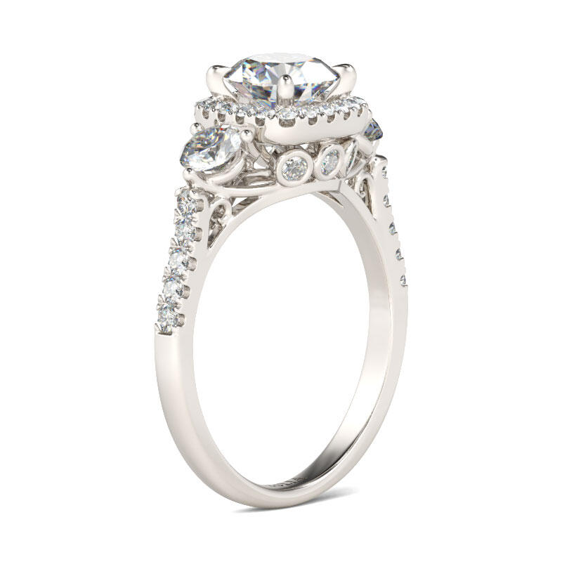 Jeulia Three Stone Halo Round Cut Sterling Silver Ring