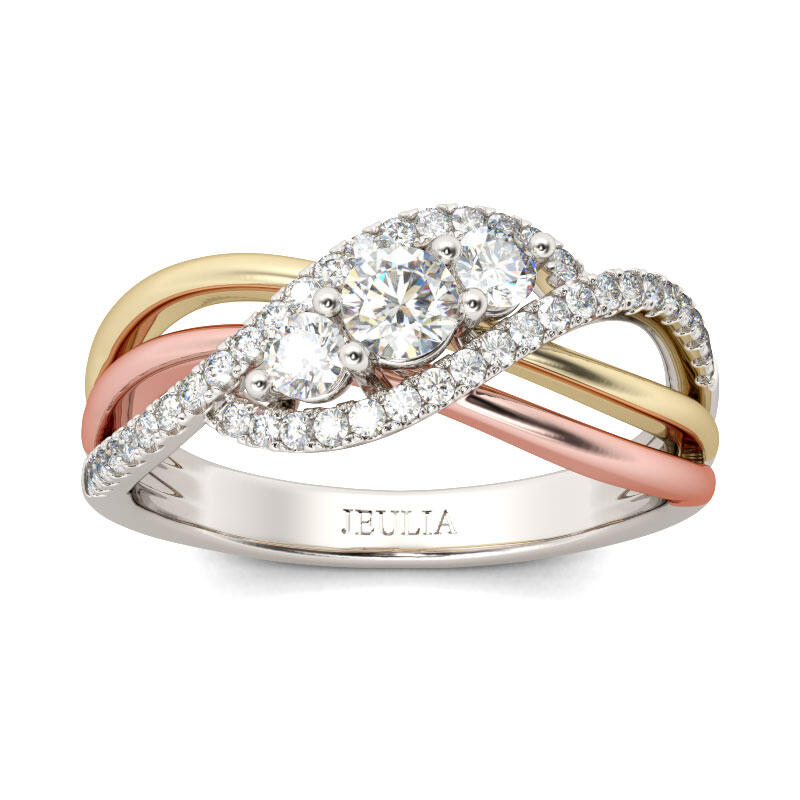 Jeulia Interwoven Three Stone Round Cut Sterling Silver Ring