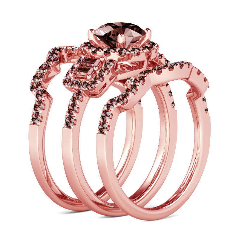 Jeulia Juego de anillos de plata de ley con corte redondo Halo