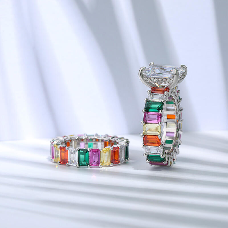 Jeulia "Blazing with Color" Radiant Cut Sterling Silver Ring Set
