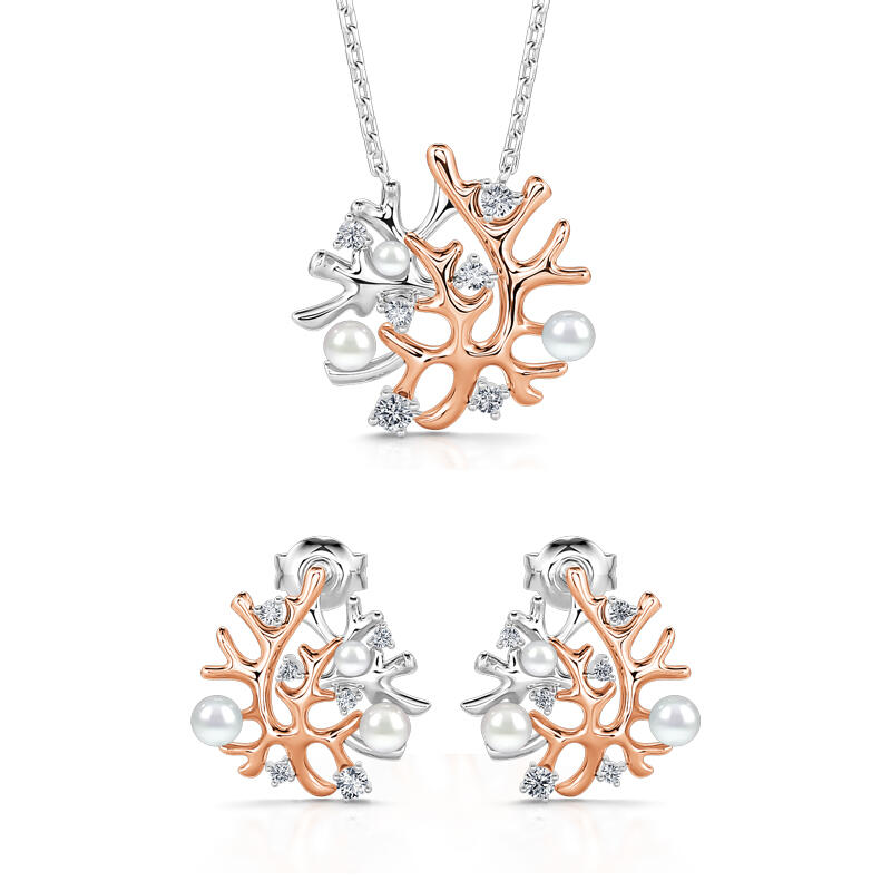 Jeulia "Coral Reefs" Cultured Pearl Sterling Silver Jewelry Set