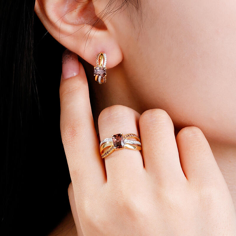 Jeulia "Delicious Coffee" Two Tone Crossover Emerald Cut Sterling Silver Jewelry Set