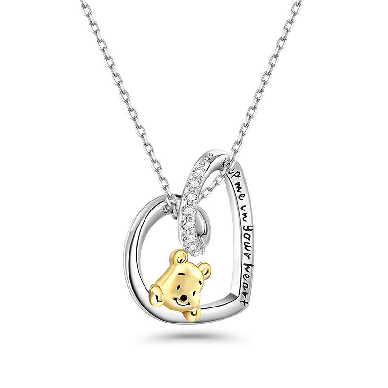 Jeulia Heart Design Cartoon Bear Sterling Silver Engraved Necklace