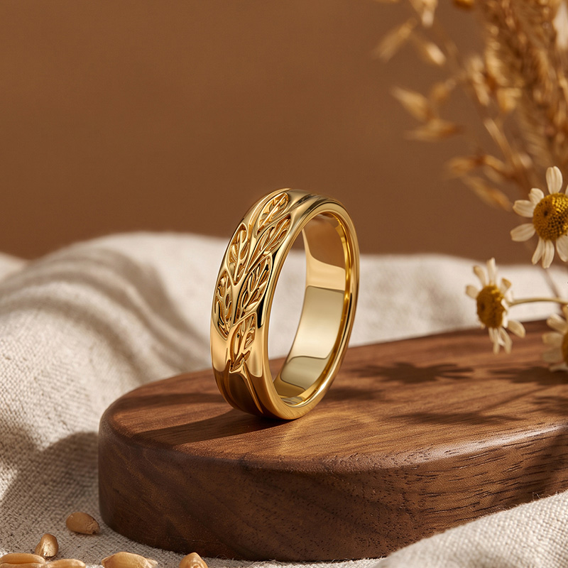Et maison Gold Engraved Leaf Wide Band Wedding Ring for Men