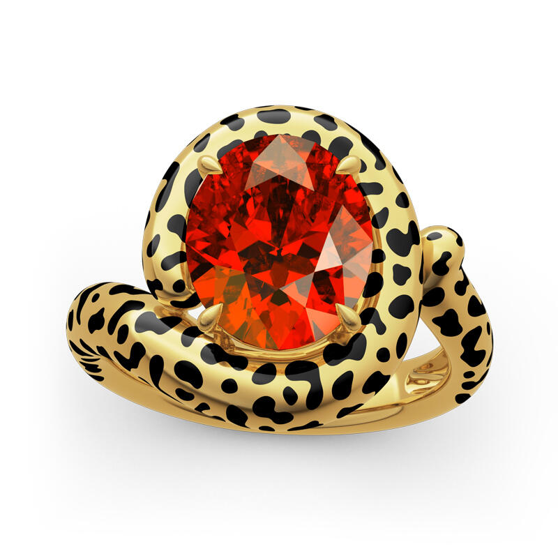 Jeulia Anel de prata esterlina 925 personalizado com estampa de leopardo e lapidação de gema vermelha redonda