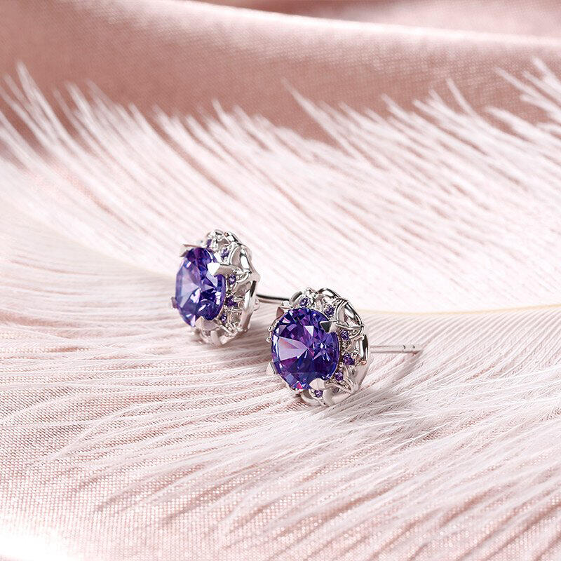 Jeulia Amethyst Flower Round Cut Sterling Silver Stud Earrings