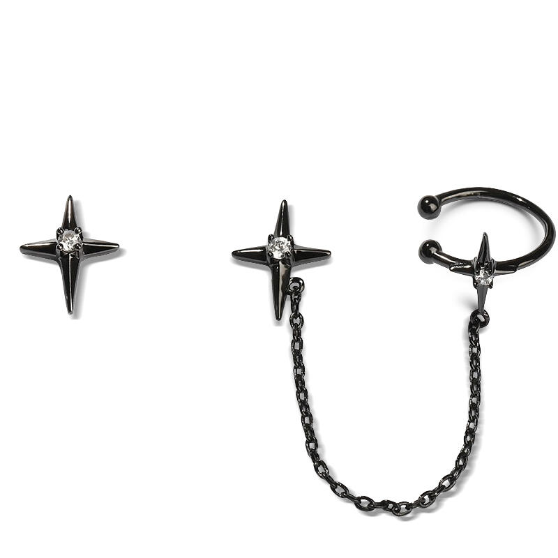 Jeulia "Four-Point Star" Sterling Silver Ear Cuff with Chain