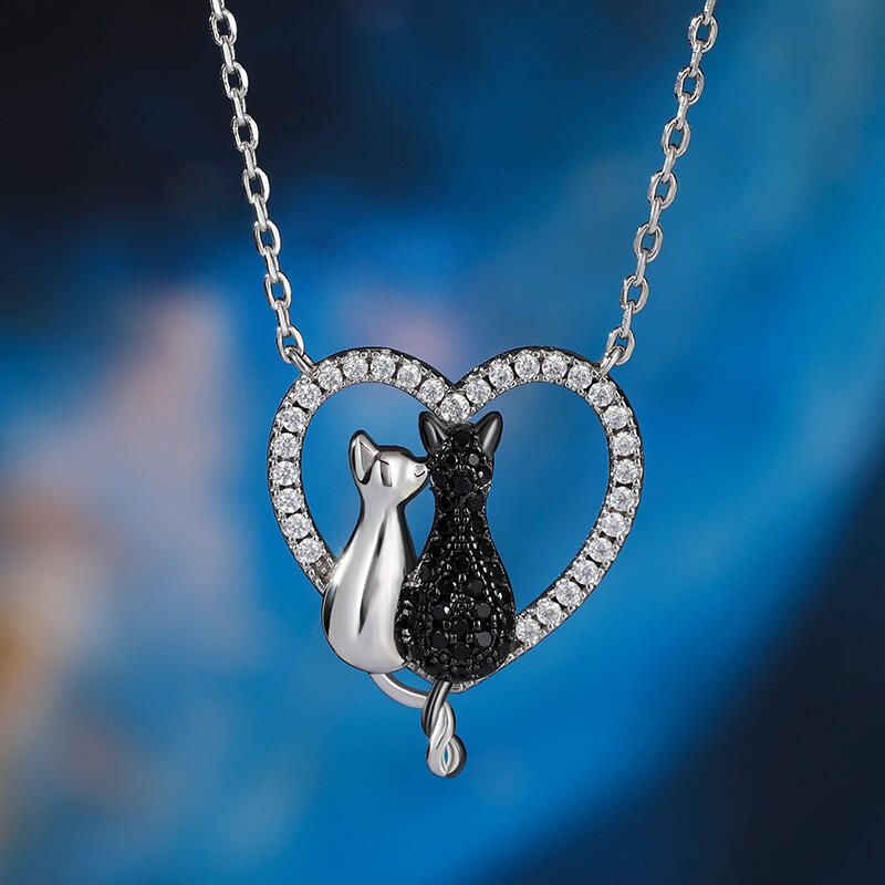Jeulia Collar de Amor con Pareja Gatos Plata de Ley