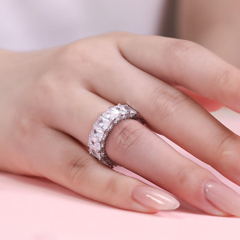 Jeulia Cushion Cut Three Sided Pave Sterling Silver Eternity Ring Set