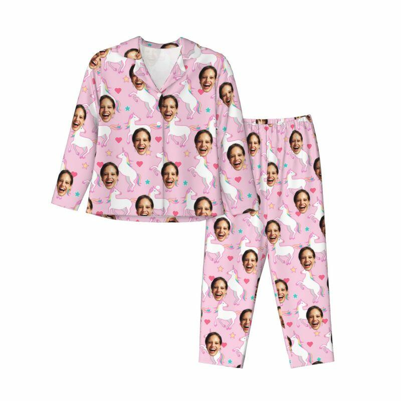 Gepersonaliseerde pyjama aangepaste foto regenboog eenhoorn roze patroon ontwerp schattig cadeau voor haar