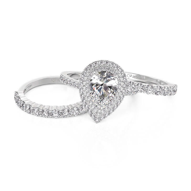 Jeulia Double Halo Pear Cut Engagement Ring Set 3PCS with Eternity Band