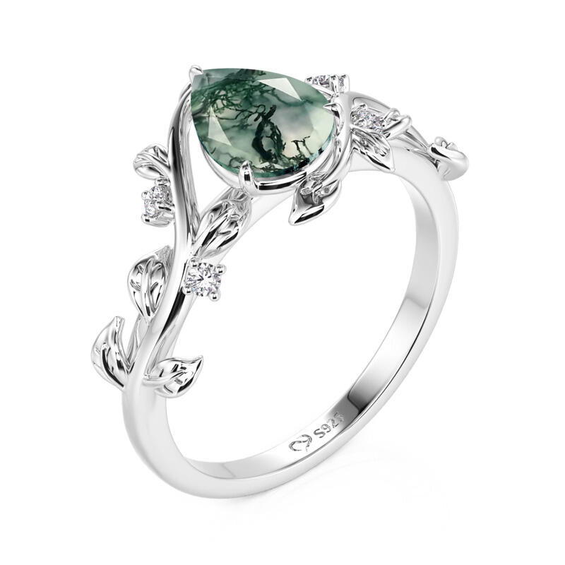 Jeulia Bague de Fiançailles en Agate Mousse Coupe Poire Bypass avec Feuille de Vigne