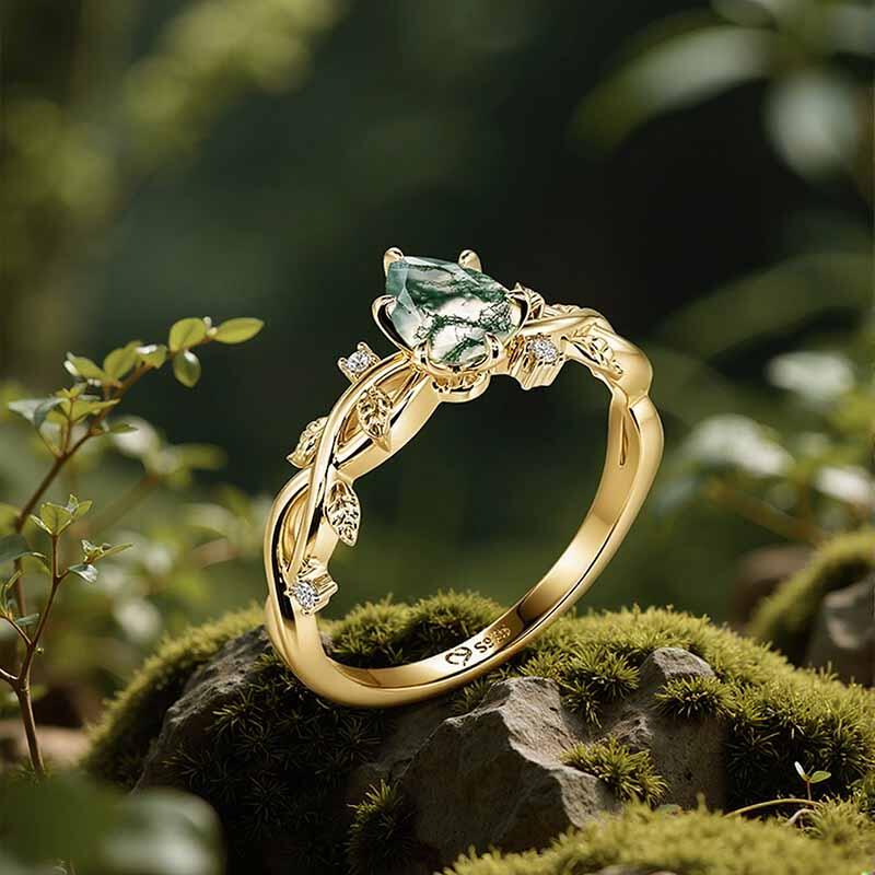 Jeulia Gold Pear Cut Moss Agate Engagement Ring with Vine Leaf