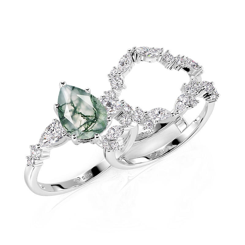 Jeulia Olivetta Pear Cut Moss Agate Ring Set