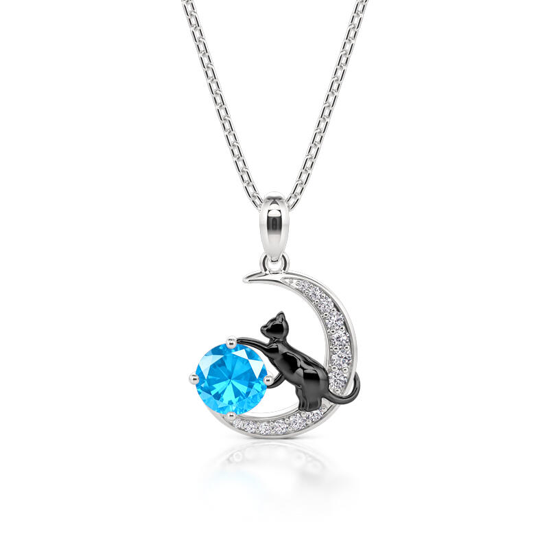 Jeulia Collar Personalizado con Gato Negro en la Luna con Piedra Natal de Plata Esterlina