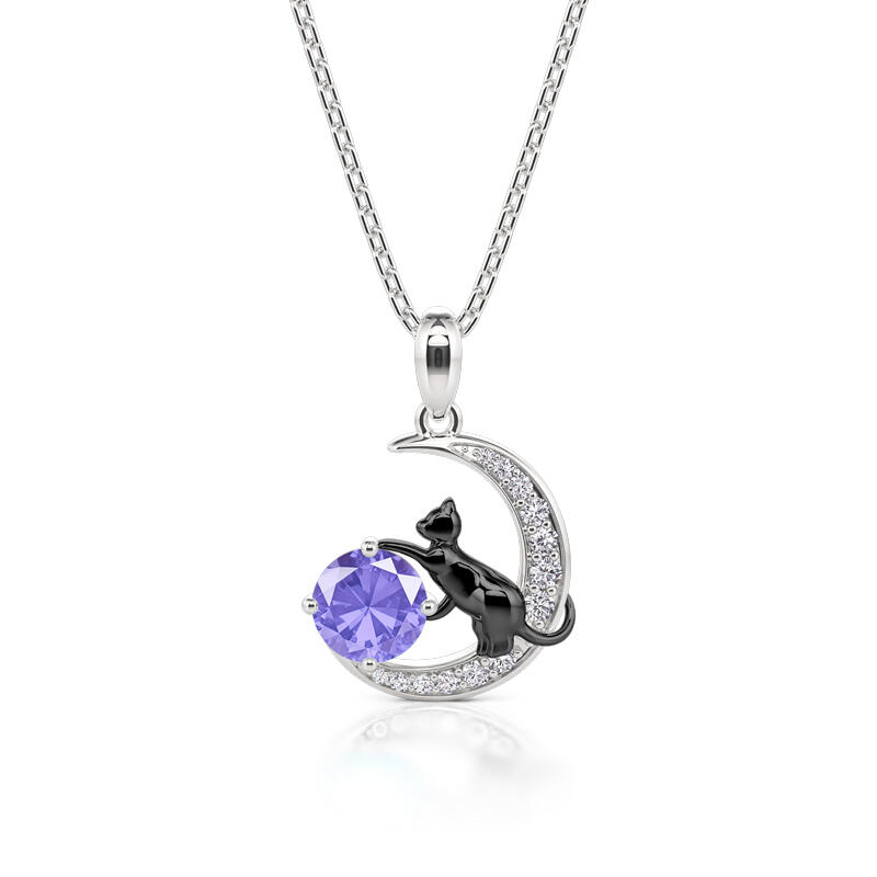 Jeulia Collar Personalizado con Gato Negro en la Luna con Piedra Natal de Plata Esterlina